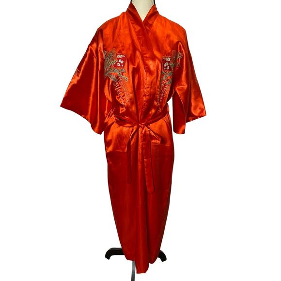 Vintage Oriental Embroidered Kimono Robe Cover Up Red Floral Crane Waist Tie - Picture 1 of 12